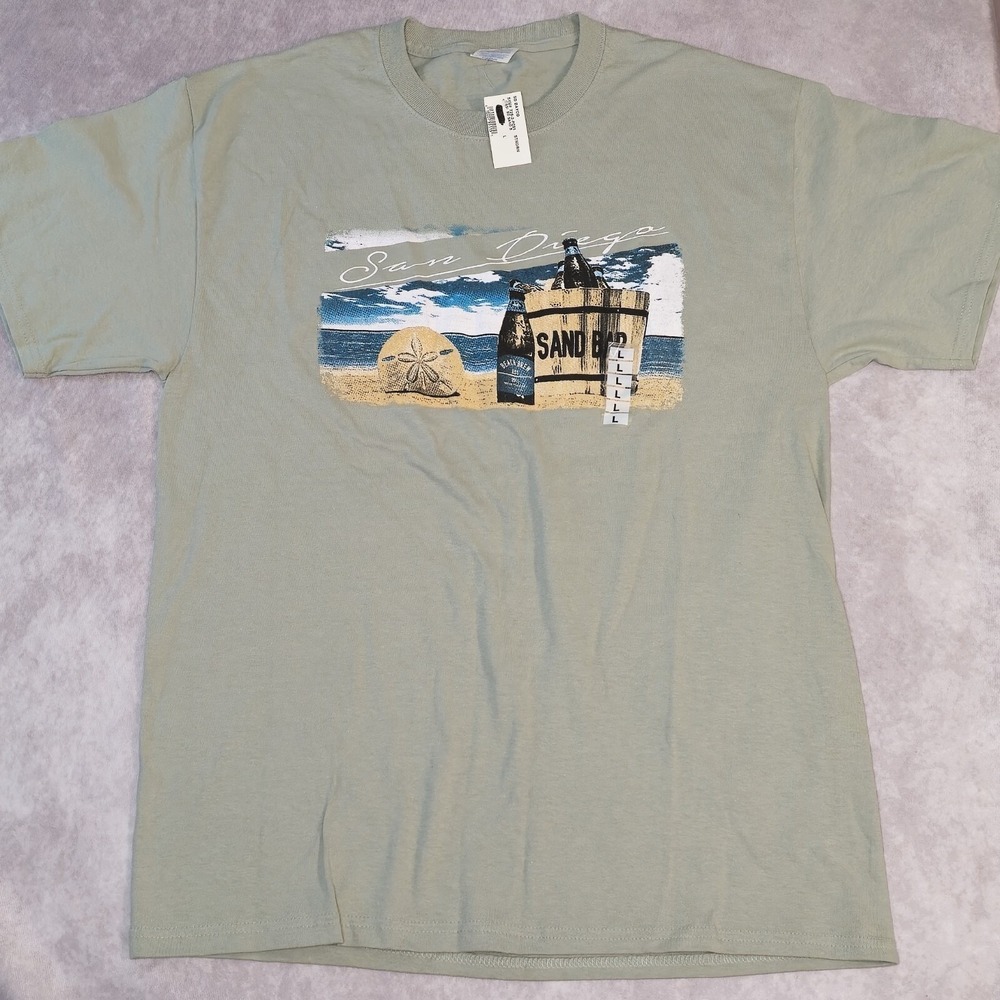 San Diego Bay Mens Large T-Shirt Moss Green Beer and Sand Beach Graphic Tee